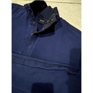 Hugo Boss 1/4 Button Sweater Mens‎ Large Regular Fit Blue Cotton Long Sleeve